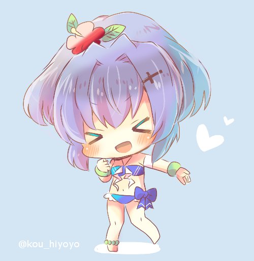 &gt;_&lt; 1girl :d azur_lane bangs bare_legs bare_shoulders barefoot bikini blue_background blue_bikini blue_bow blush bow chibi closed_eyes commentary_request eyebrows_visible_through_hair facing_viewer flower full_body hair_flower hair_ornament halter_top halterneck head_tilt heart javelin_(azur_lane) kouu_hiyoyo navel open_mouth outstretched_arm ponytail purple_hair red_flower smile solo standing standing_on_one_leg swimsuit twitter_username xd