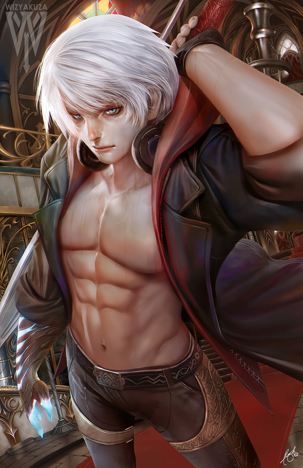 1boy abs adonis_belt artist_name bare_chest black_pants blue_eyes ceasar_ian_muyuela collared_coat commentary devil_bringer devil_may_cry devil_may_cry_4 english_commentary fingerless_gloves gloves glowing glowing_hand gold_trim headphones headphones_around_neck hood hood_down hooded_coat left-handed lips looking_at_viewer male_focus navel nero_(devil_may_cry) no_shirt nose pants realistic red_queen_(sword) short_hair sleeves_folded_up solo trench_coat white_hair