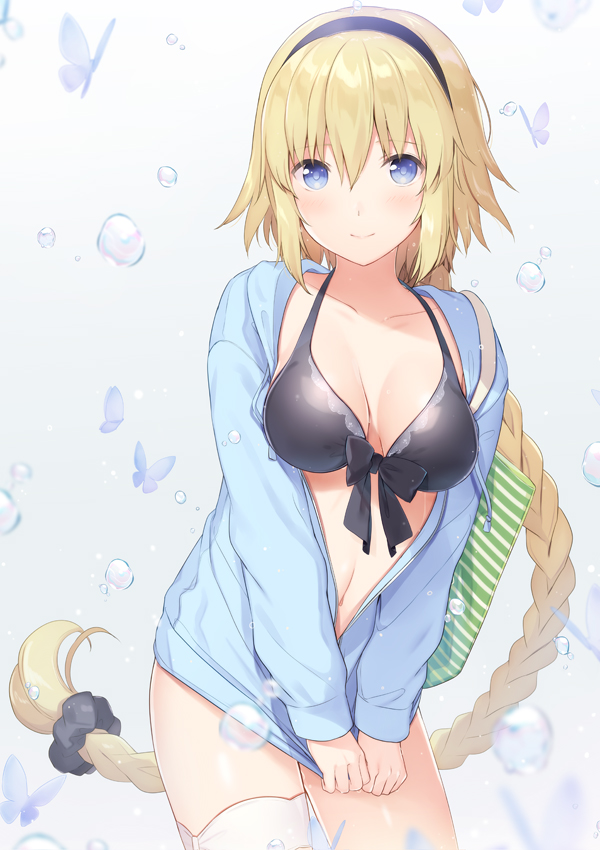 1girl 6u_(eternal_land) animal bag bikini bikini_under_clothes black_bikini black_bow black_hairband black_scrunchie blonde_hair blue_eyes blue_jacket bow braid breasts bug butterfly closed_mouth commentary_request fate/grand_order fate_(series) front-tie_bikini front-tie_top hair_ornament hair_scrunchie hairband insect jacket jeanne_d'arc_(fate) jeanne_d'arc_(fate)_(all) large_breasts long_hair looking_at_viewer low-tied_long_hair navel open_clothes open_jacket scrunchie single_braid smile solo swimsuit unzipped very_long_hair water_drop