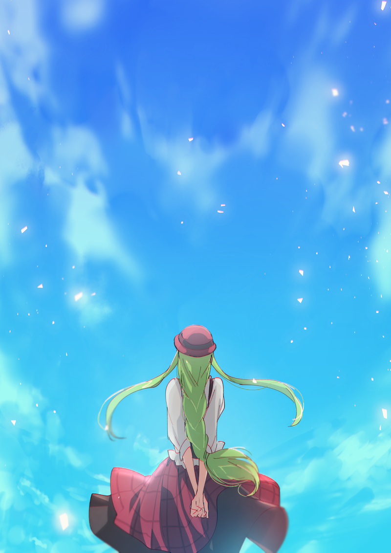 1girl blue_sky braid c.c. clouds cloudy_sky code_geass creayus facing_away floating_hair from_behind hat long_hair outdoors petals red_hat red_skirt shirt single_braid skirt sky solo standing very_long_hair white_shirt