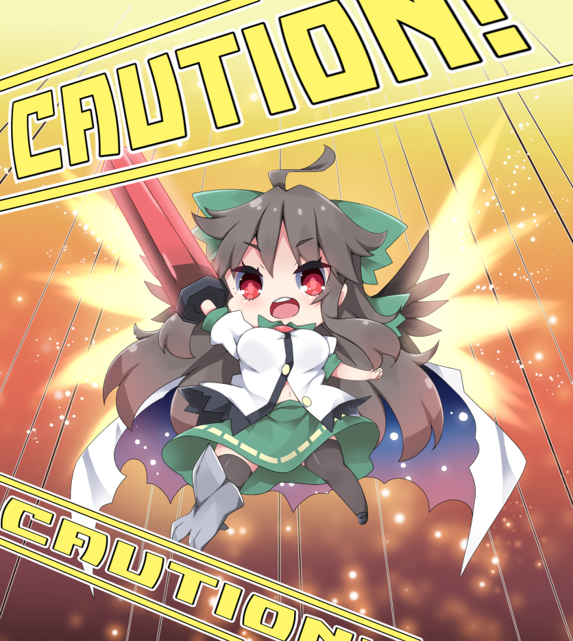 1girl ahoge arm_cannon bangs bird_wings black_footwear black_legwear bow breasts brown_hair brown_wings cape caution chibi commentary eyebrows_visible_through_hair feathered_wings green_bow green_skirt hair_between_eyes hair_bow long_hair looking_at_viewer medium_breasts milkpanda open_mouth puffy_short_sleeves puffy_sleeves red_eyes reiuji_utsuho round_teeth shirt short_sleeves skirt solo teeth thigh-highs touhou upper_teeth very_long_hair weapon white_cape white_shirt wings