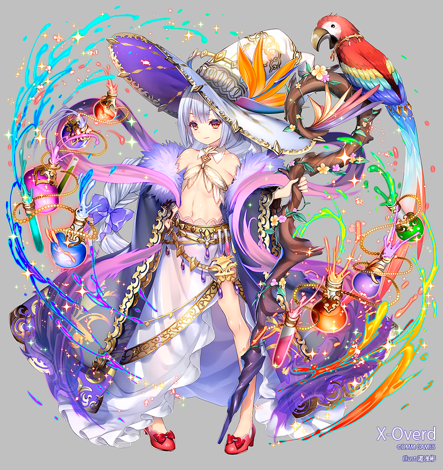 1girl bare_shoulders bird braid breasts copyright_name fire full_body fur_trim grey_background hat long_hair low-tied_long_hair magic midriff navel parrot potion red_eyes red_footwear silver_hair simple_background small_breasts smile solo spilling staff standing strelitzia_(x-overd) water white_hat witch_hat x-overd yuasa_akira