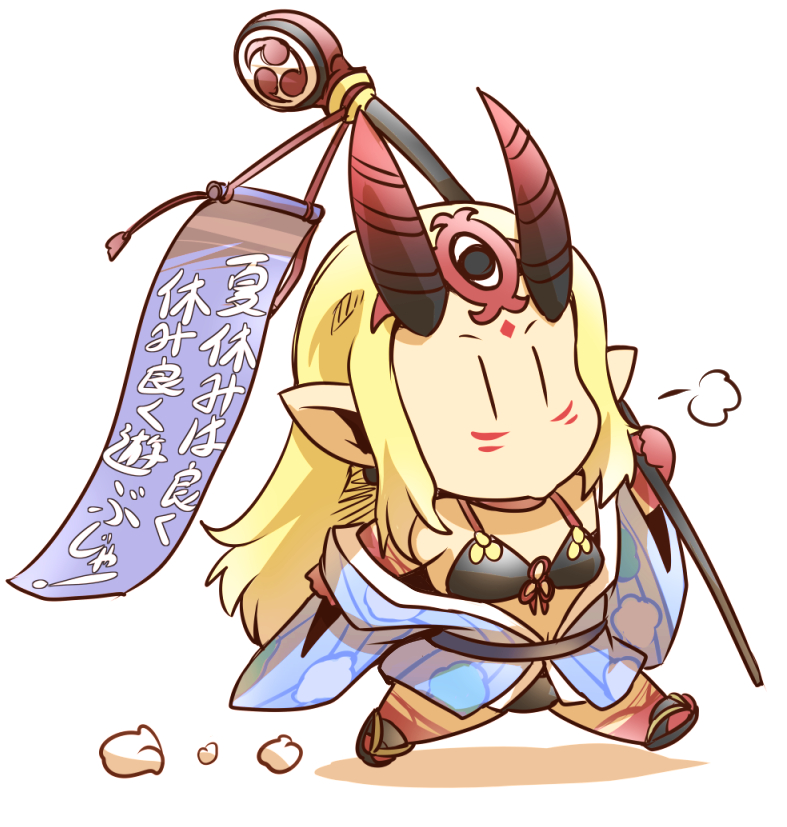 1girl bikini black_bikini blonde_hair blue_kimono chibi commentary_request facial_mark fate/grand_order fate_(series) forehead_mark hisahiko holding horns ibaraki_douji_(fate/grand_order) ibaraki_douji_(swimsuit_lancer)_(fate) japanese_clothes kimono long_hair long_sleeves off_shoulder oni oni_horns pointy_ears revision solo swimsuit translation_request very_long_hair walking white_background wide_sleeves |_|