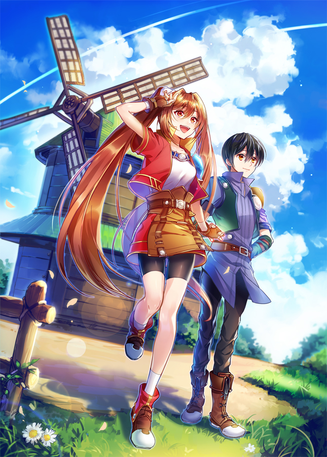 1boy 1girl belt bike_shorts black_hair boots breasts brown_hair clouds cloudy_sky collared_shirt cross-laced_footwear eiyuu_densetsu estelle_bright fence fingerless_gloves flower full_body gloves grass hand_holding hand_on_hip hasumikaoru jacket joshua_astray leather leather_gloves long_hair medium_breasts miniskirt open_mouth orange_eyes pants red_eyes shirt shoes short_hair short_sleeves shorts shorts_under_skirt shoulder_armor skirt sky smile socks sora_no_kiseki standing twintails windmill wooden_fence