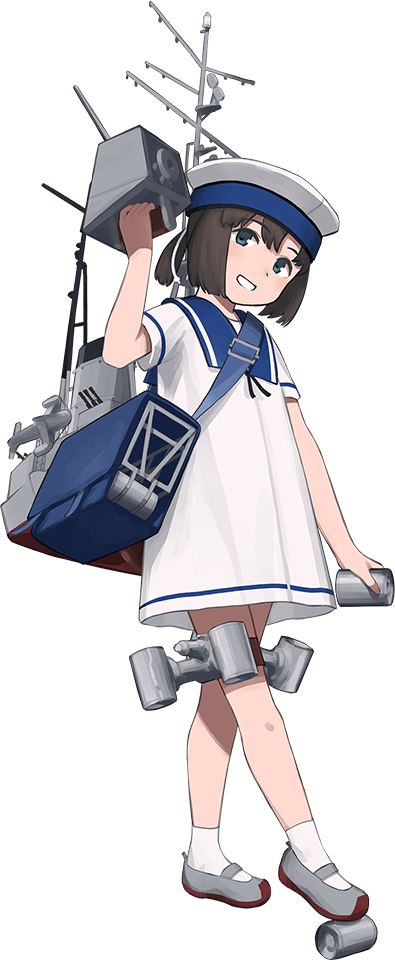 1girl bag black_hair blue_eyes blue_sailor_collar daitou_(kantai_collection) depth_charge depth_charge_projector dress full_body grin hand_up hat kantai_collection looking_at_viewer mary_janes official_art rigging sailor_collar sailor_dress sailor_hat shibafu_(glock23) shoes short_ponytail shoulder_bag smile solo transparent_background turret white_legwear