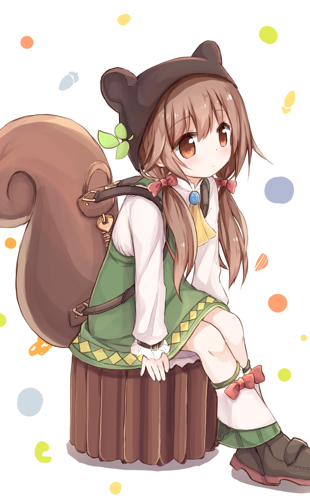 1girl animal_ears animal_hat backpack bag bangs black_footwear blush boots bow brown_eyes brown_hair closed_mouth dress eyebrows_visible_through_hair green_dress hair_between_eyes hair_bow hat long_hair long_sleeves low_twintails original red_bow shirt sitting sleeveless sleeveless_dress sleeves_past_wrists solo squirrel_ears squirrel_tail tail twintails very_long_hair white_shirt yuuhagi_(amaretto-no-natsu)