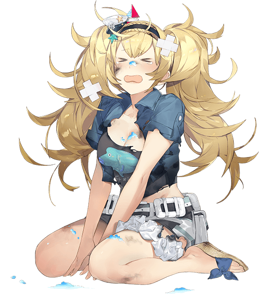 &gt;_&lt; 1girl akira_(kadokawa) bandage belt blonde_hair blue_eyes blue_shirt breast_pocket breasts buttons cleavage collarbone collared_shirt crying fish gambier_bay_(kantai_collection) hair_between_eyes hairband kantai_collection large_breasts official_art open_mouth pocket sandals shirt short_sleeves shorts tears torn_clothes transparent_background twintails