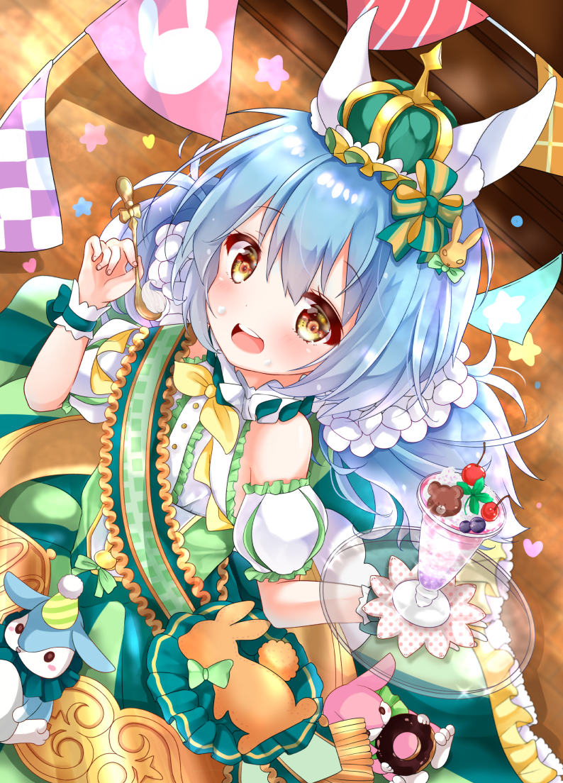 1girl animal_ears blue_hair commentary_request crown dessert doughnut dress fake_animal_ears flower_knight_girl food food_on_face hair_ornament kodemari_(flower_knight_girl) looking_at_viewer low_twintails open_mouth plate rabbit sash solo spoon twintails yellow_eyes