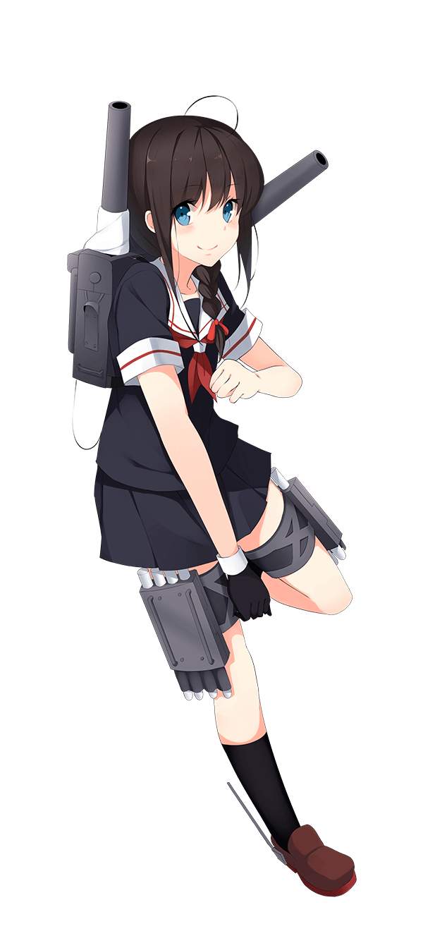 1girl blue_eyes braid brown_hair cannon full_body gloves hair_over_shoulder highres kantai_collection kujou_ichiso looking_at_viewer official_art school_uniform shigure_(kantai_collection) single_braid single_glove skirt smile solo torpedo transparent_background
