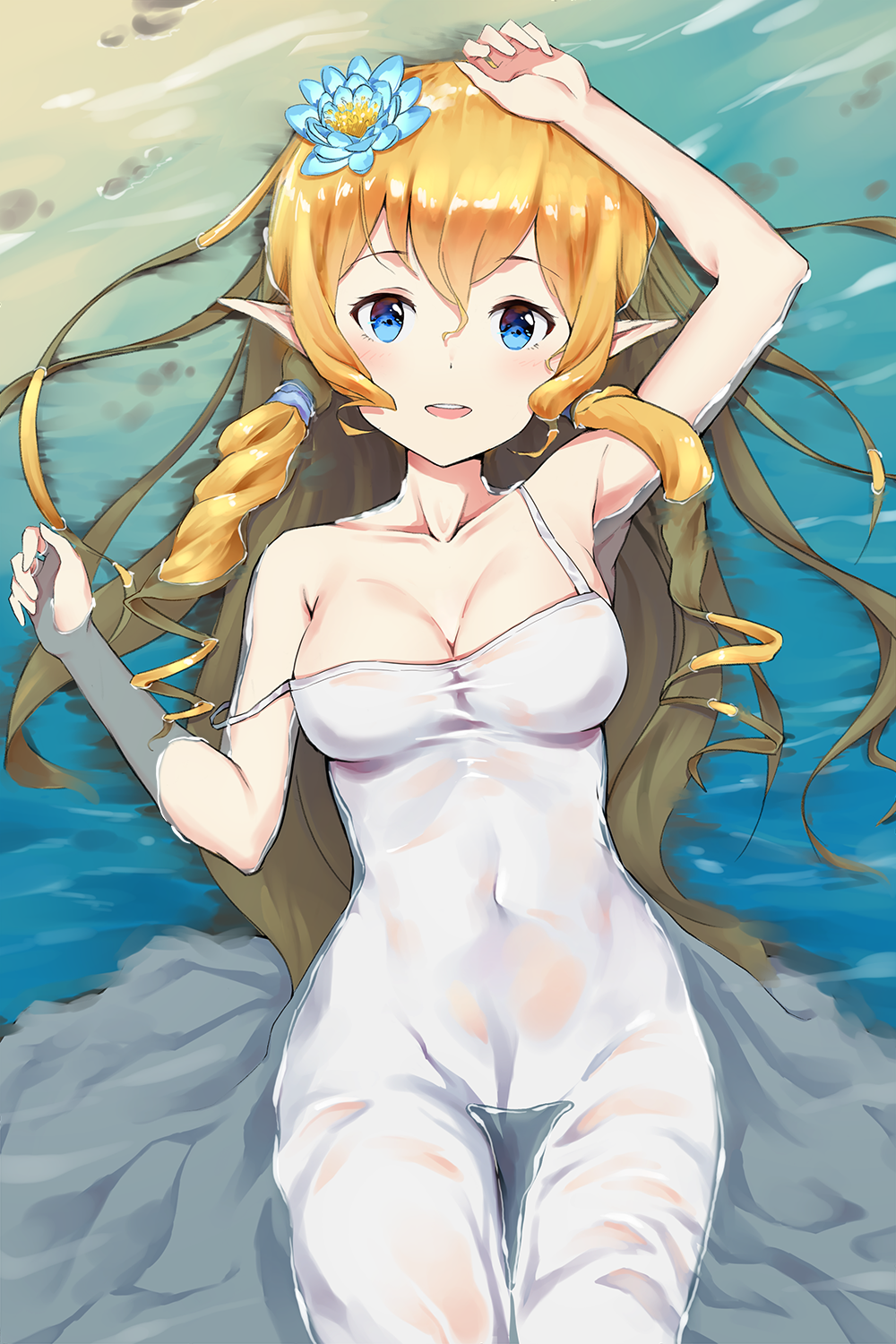 1girl :d arm_up blonde_hair braid breasts cokio collarbone covered_navel dress elf flower hair_between_eyes hair_flower hair_ornament hand_up highres jewelry looking_at_viewer lying medium_breasts ocean on_back open_mouth original pointy_ears ring see-through skirt smile solo strap_slip twin_braids wet wet_clothes white_dress