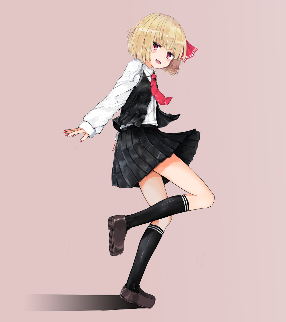 1girl :d black_skirt black_vest blonde_hair commentary_request fang full_body hair_ribbon long_sleeves miniskirt nail_polish necktie open_clothes open_mouth open_vest pleated_skirt red_eyes red_nails ribbon rumia sarise0916 shadow shirt short_hair skirt smile touhou vest white_shirt