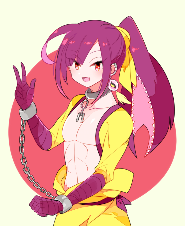 1boy :d abs ahoge bandage bangs broken broken_chain chain chains collar creatures_(company) cuffs earrings game_freak gen_3_pokemon hand_up handcuffs jewelry male_focus mawile mega_stone nintendo open_mouth parted_bangs personification pokemon ponytail purple_hair red_eyes sidelocks simple_background smile solo standing yuzu_ichika
