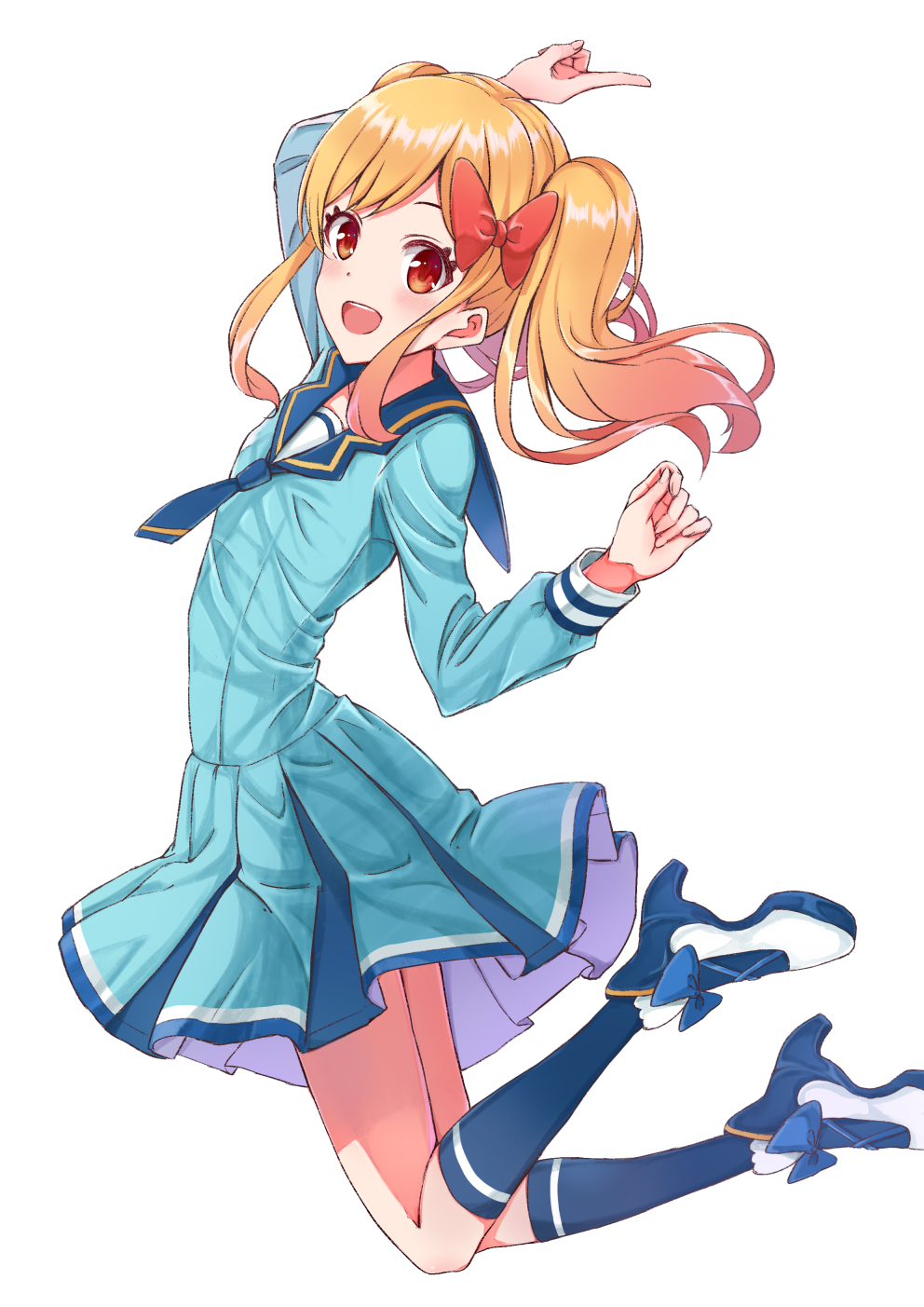 1girl :d aikatsu!_(series) aikatsu_stars! arm_up bangs blonde_hair blue_dress blue_footwear blue_legwear blue_neckwear blue_sailor_collar bow commentary_request dress fingernails hair_bow hand_up high_heels highres kneehighs long_hair long_sleeves looking_at_viewer looking_to_the_side necktie nijino_yume open_mouth pleated_dress red_bow red_eyes rurukuru sailor_collar sailor_dress shoes sidelocks simple_background smile solo twintails upper_teeth white_background