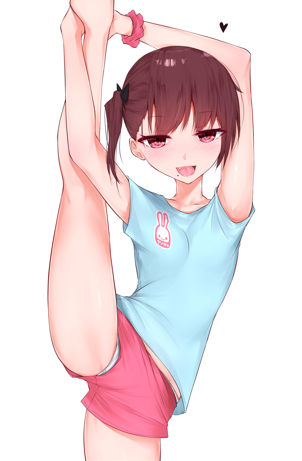 1girl :d bangs blue_shirt blush breasts brown_hair commentary_request eyebrows_visible_through_hair fang heart highres kanju long_hair mole mole_under_eye open_mouth original panties panties_under_shorts pink_shorts red_eyes red_scrunchie scrunchie shirt short_shorts short_sleeves shorts side_ponytail simple_background small_breasts smile solo split standing standing_on_one_leg standing_split underwear white_background white_panties wrist_scrunchie