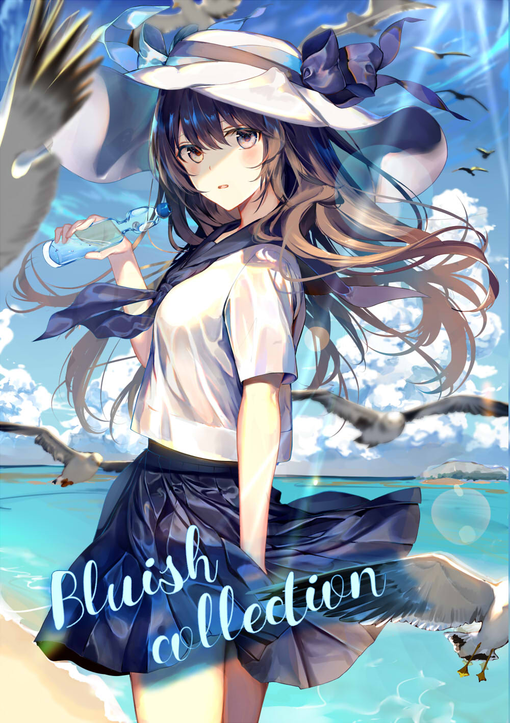 1girl animal bangs beach bird blue_bow blue_neckwear blue_sailor_collar blue_skirt blue_sky blurry blurry_background blush bottle bow brown_eyes brown_hair clouds commentary_request day depth_of_field flying hair_between_eyes hand_up hat hat_bow highres holding holding_bottle horizon kouyafu long_hair looking_at_viewer looking_to_the_side neckerchief ocean original outdoors parted_lips pleated_skirt ramune sailor_collar sand school_uniform serafuku shirt short_sleeves signature skirt sky solo standing very_long_hair water white_hat white_shirt