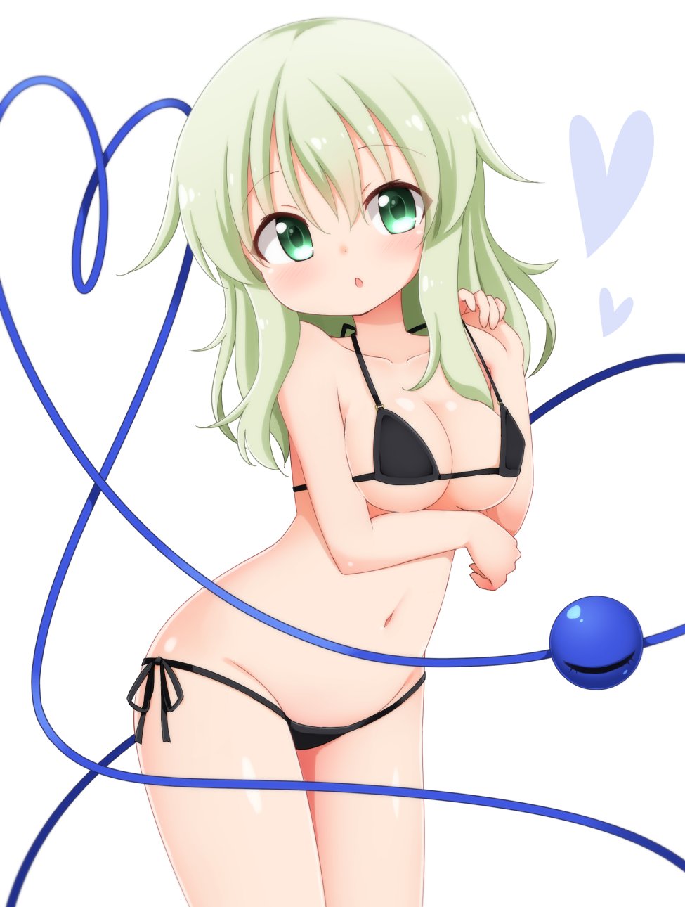 1girl arm_under_breasts bangs bare_arms bare_shoulders bikini black_bikini blush breasts commentary_request cowboy_shot eyebrows_visible_through_hair green_eyes green_hair groin hair_between_eyes halterneck hand_up head_tilt heart heart_of_string highres komeiji_koishi leaning_forward long_hair looking_at_viewer medium_breasts navel no_hat no_headwear parted_lips shiny shiny_skin side-tie_bikini sidelocks simple_background solo standing stomach strap_pull suwa_yasai swimsuit thighs third_eye touhou white_background