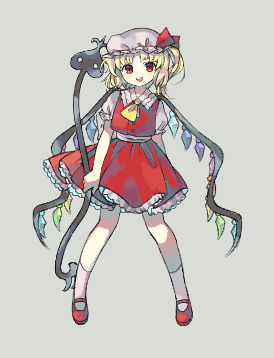 1girl :d blonde_hair collared_shirt flandre_scarlet full_body grey_background holding legs_apart looking_at_viewer one_side_up open_mouth puffy_short_sleeves puffy_sleeves red_eyes red_footwear red_skirt red_vest sasa_kichi shirt shoes short_hair short_sleeves simple_background skirt smile socks solo standing touhou vest white_legwear wings