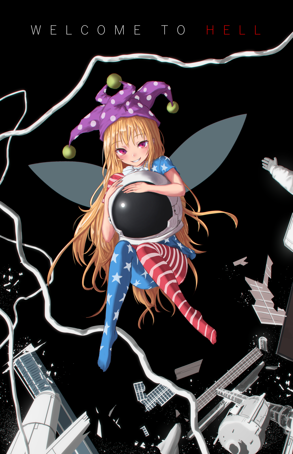 1girl american_flag_dress american_flag_legwear astronaut_helmet bangs black_background blonde_hair blue_dress blush clownpiece commentary_request dress english eyebrows_visible_through_hair full_body grin hat helmet highres holding holding_helmet jester_cap looking_at_viewer no_shoes pantyhose polka_dot_hat purple_hat red_dress red_eyes roke_(taikodon) satellite short_sleeves simple_background smile solo star star_print striped striped_dress striped_legwear touhou