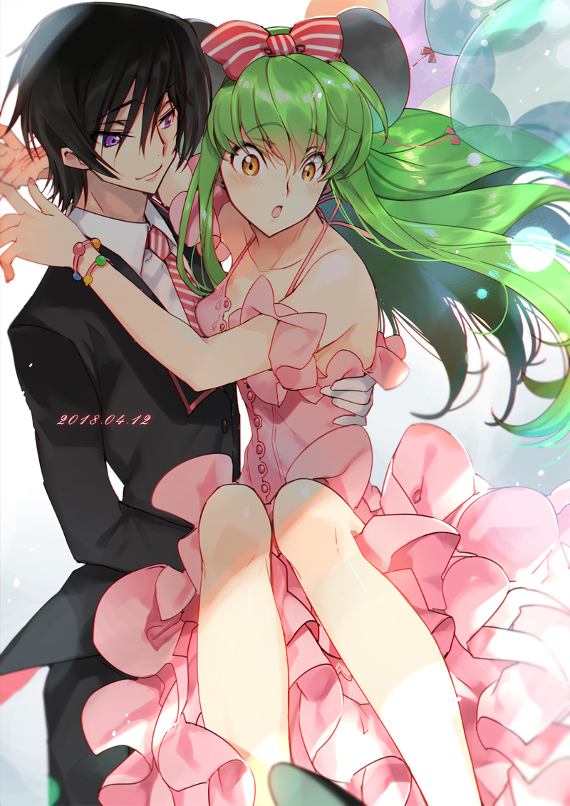 1boy 1girl :o balloon bare_shoulders black_hair black_jacket bow bracelet c.c. carrying code_geass collared_shirt creayus dress eyebrows_visible_through_hair feet_out_of_frame gloves green_hair hair_bow jacket jewelry lelouch_lamperouge long_hair looking_at_another necktie pink_dress pink_neckwear princess_carry shirt smile striped striped_bow tuxedo violet_eyes white_gloves white_shirt wing_collar yellow_eyes