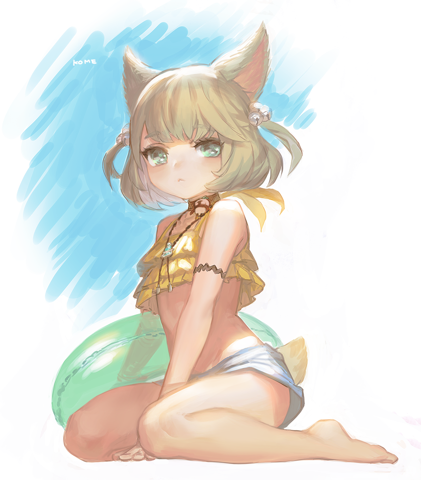 1girl :&lt; animal_ears bell bikini_top blonde_hair blue_eyes cat_ears cat_tail choker eyebrows_visible_through_hair final_fantasy final_fantasy_xiv frilled_bikini_top frischenq hair_ornament innertube jewelry jingle_bell khloe_aliapoh kneeling looking_at_viewer miqo'te necklace short_hair shorts simple_background solo tail yellow_bikini_top