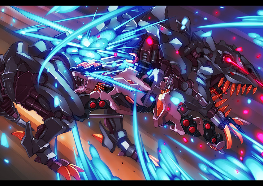 attack battle bio_tyranno blade blue_eyes charging claws commentary_request cutting damaged destruction fangs g.haruka glowing glowing_eyes glowing_weapon mecha mugen_liger no_humans red_eyes slashing weapon zoids zoids_genesis