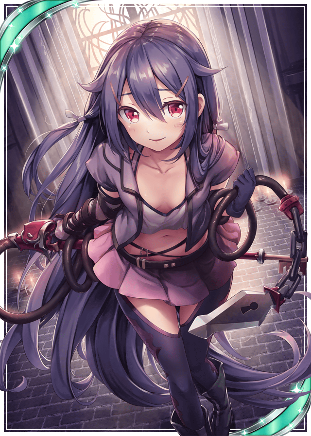 1girl akkijin boots breasts card_(medium) chains cleavage frilled_skirt frills holding holding_weapon indoors key lock long_hair looking_at_viewer miniskirt official_art purple_hair red_eyes shinkai_no_valkyrie skirt small_breasts sunlight thigh-highs very_long_hair weapon whip window