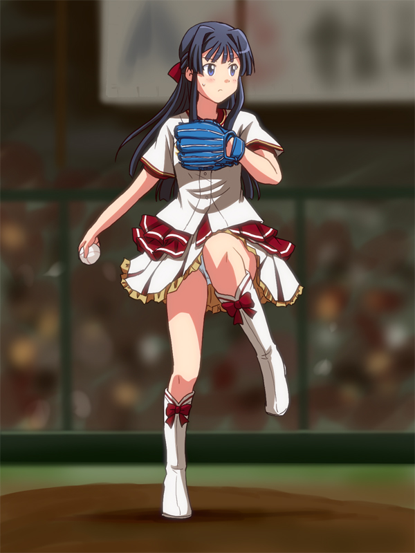 1girl baseball baseball_glove baseball_jersey black_hair blue_eyes blurry blurry_background boots bow bow_footwear closed_mouth commentary_request depth_of_field frilled_skirt frills frown full_body hair_bow holding idolmaster idolmaster_million_live! knee_boots lielos long_hair looking_to_the_side miniskirt mogami_shizuka panties pantyshot pantyshot_(standing) pitcher's_mound red_bow shirt short_sleeves skirt solo stadium standing standing_on_one_leg sweatdrop throwing underwear white_footwear white_shirt white_skirt