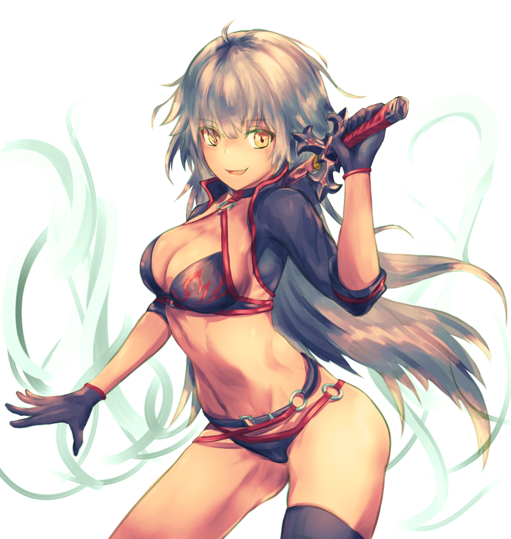 1girl ahoge amirun bangs bikini black_bikini black_jacket blonde_hair breasts choker cleavage collarbone commentary_request cowboy_shot eyebrows_visible_through_hair fate/grand_order fate_(series) gloves hair_between_eyes holding holding_sword holding_weapon jacket jeanne_d'arc_(alter_swimsuit_berserker) jeanne_d'arc_(fate)_(all) katana large_breasts long_hair looking_at_viewer o-ring open_mouth simple_background single_thighhigh smile solo swimsuit sword thigh-highs weapon yellow_eyes