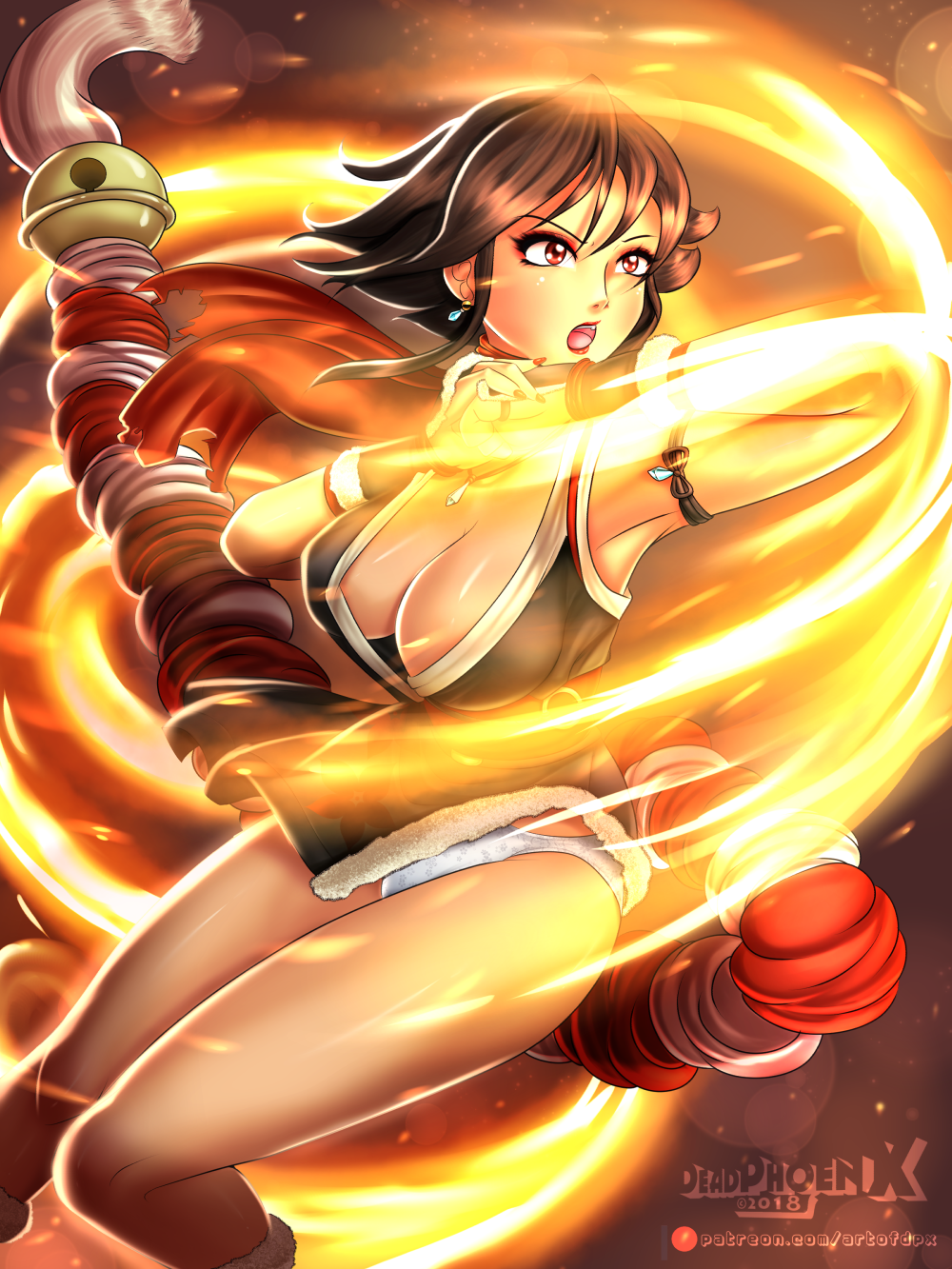 1girl alternate_costume armlet armpits black_dress breasts brown_eyes brown_hair cleavage deadphoenx dress earrings elbow_strike fatal_fury fighting_stance fire fur_trim highres japanese_clothes jewelry kimono large_breasts legs obi open_clothes open_kimono open_mouth panties pantyshot pelvic_curtain red_lips red_scarf sash scarf shiranui_mai short_hair short_kimono standing the_king_of_fighters thighs underwear white_legwear