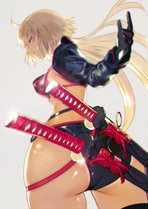 1girl ass bad_perspective bikini blonde_hair cropped_jacket fate/grand_order fate_(series) from_below gloves jeanne_d'arc_(alter_swimsuit_berserker) katana long_hair nido_celisius simple_background solo swimsuit sword tan tanline weapon yellow_eyes