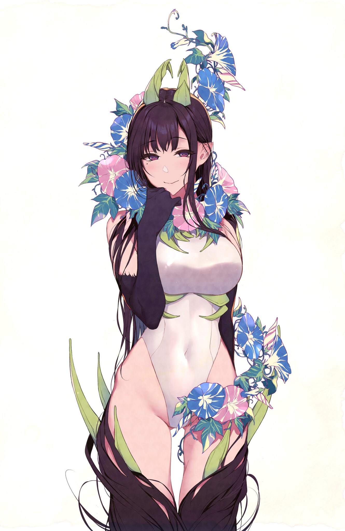 1girl ane_naru_mono bare_shoulders black_hair chiyo_(ane_naru_mono) commentary_request covered_navel eyebrows_visible_through_hair flower highres horns leotard long_hair looking_at_viewer pochi_(pochi-goya) pointy_ears simple_background solo very_long_hair violet_eyes white_background white_leotard