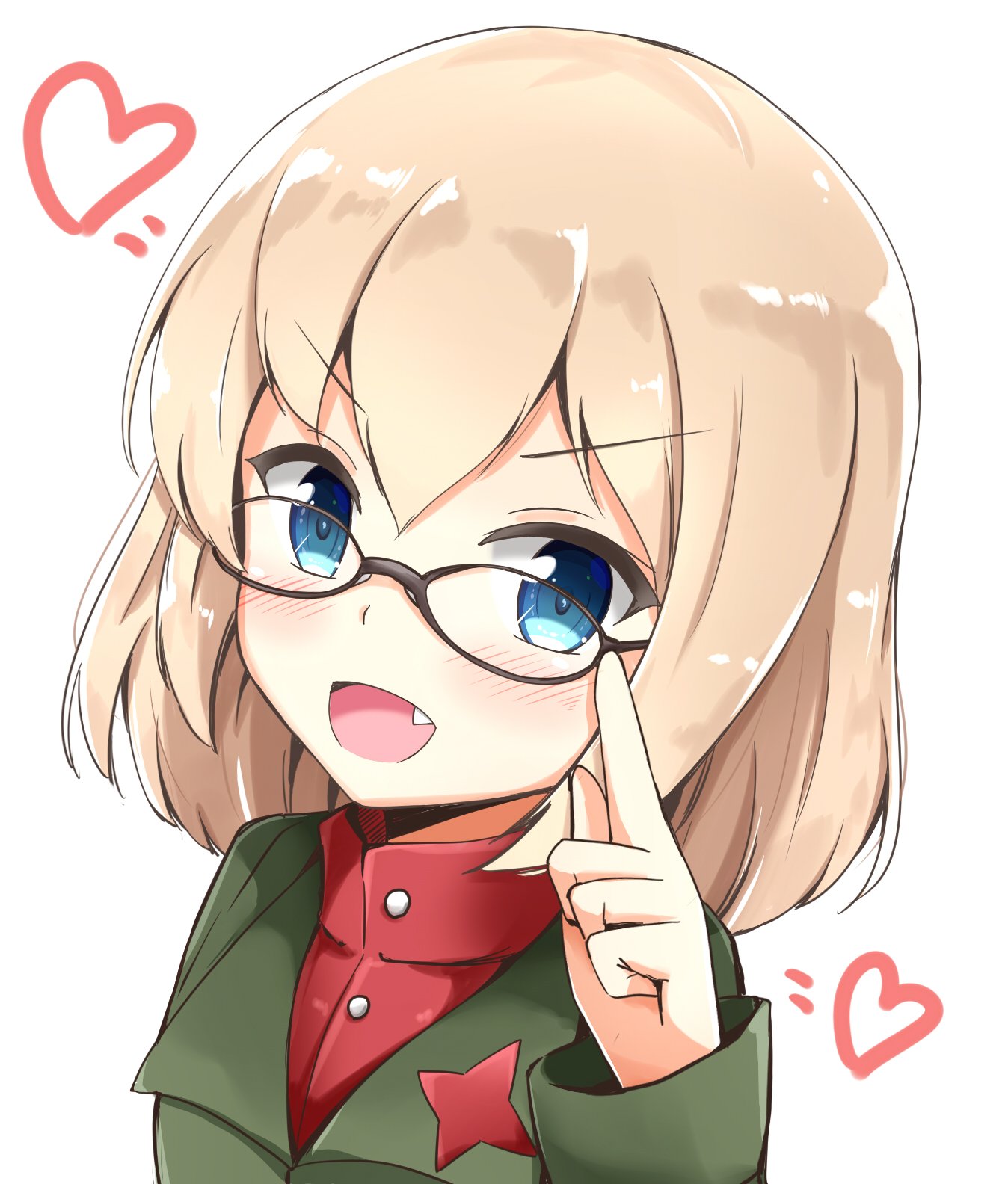 1girl :d adjusting_eyewear aikawa_ryou bangs bespectacled black-framed_eyewear blonde_hair blue_eyes blush commentary emblem eyebrows_visible_through_hair fang girls_und_panzer glasses green_jacket heart highres jacket katyusha long_sleeves looking_at_viewer open_mouth portrait pravda_school_uniform red_shirt school_uniform shirt short_hair simple_background smile solo turtleneck v-shaped_eyebrows white_background