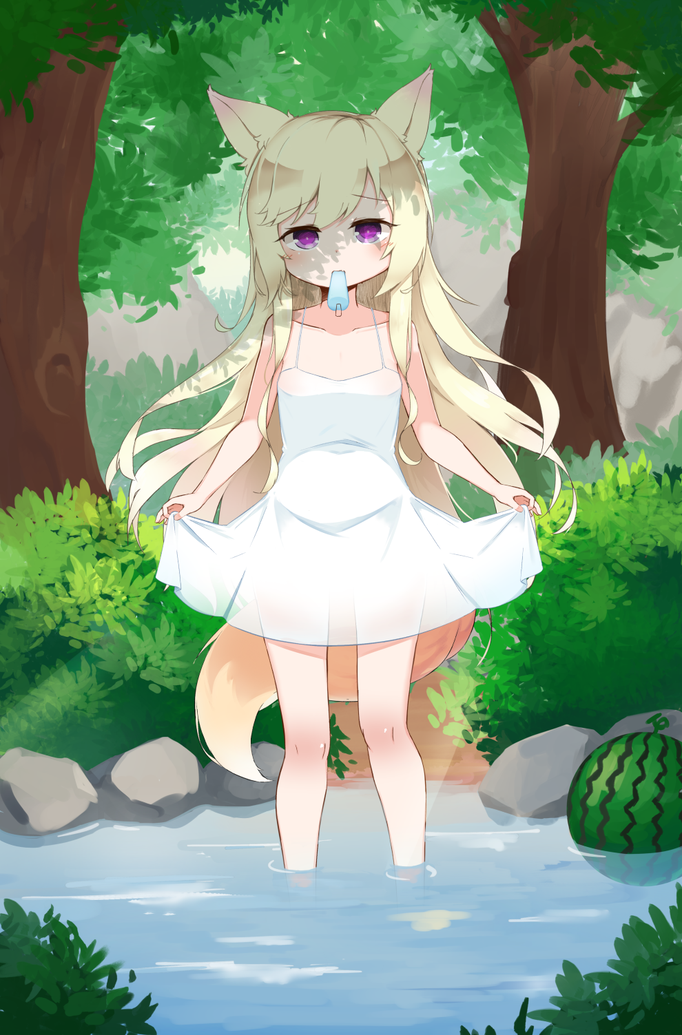 1girl animal_ears blonde_hair cp00 dog_ears dog_tail dress dress_lift flat_chest food forest fruit hat highres lifted_by_another long_hair mouth_hold nature original outdoors popsicle solo sundress tail tree violet_eyes wading water watermelon white_dress