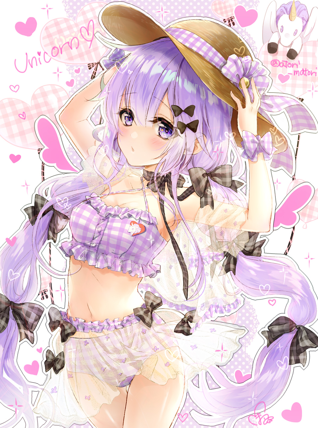 1girl arms_up azur_lane bangs bare_shoulders bikini black_bow blush bow breasts character_name closed_mouth collarbone commentary_request criss-cross_halter eyebrows_visible_through_hair fingernails hair_between_eyes hair_bow halterneck hands_on_headwear hat hat_bow heart highres long_hair matori_(user_xrdk3278) navel plaid plaid_bikini plaid_bow pleated_skirt polka_dot purple_hair see-through skirt small_breasts solo stuffed_animal stuffed_pegasus stuffed_toy stuffed_unicorn swimsuit twitter_username unicorn_(azur_lane) very_long_hair violet_eyes white_bow