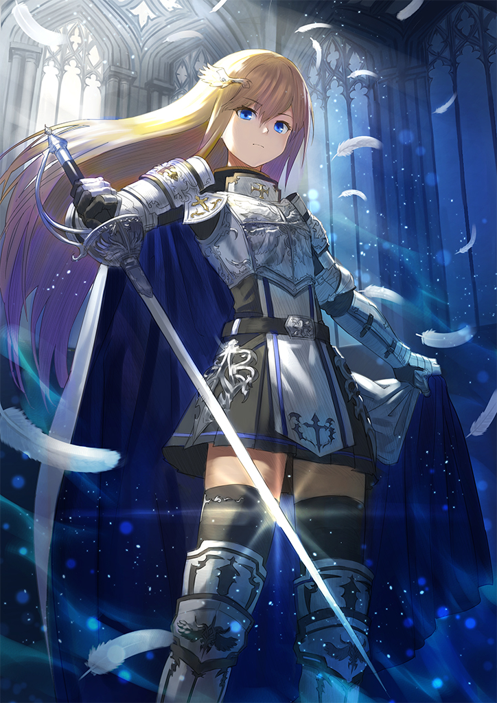 1girl armored_boots bangs black_legwear black_shirt black_skirt blonde_hair blue_cape blue_eyes boots breastplate cape cape_hold capelet closed_mouth commentary_request eyebrows_visible_through_hair feathers floating_hair gauntlets hair_between_eyes hair_ornament holding holding_sword holding_weapon indoors long_hair looking_at_viewer multicolored multicolored_cape multicolored_clothes original pleated_skirt saber_(weapon) shirt skirt solo standing sword thigh-highs very_long_hair wasabi60 weapon white_capelet white_feathers