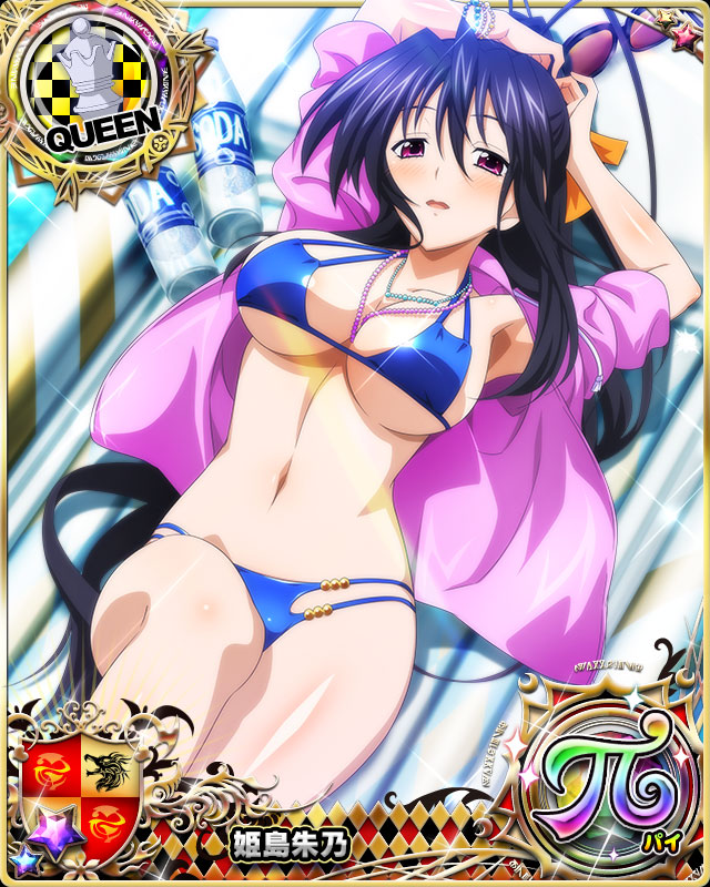 1girl bikini black_hair blue_bikini blush bottle bracelet breasts card_(medium) character_name chess_piece hair_ribbon high_school_dxd high_school_dxd_pi himejima_akeno jacket jewelry large_breasts long_hair long_ponytail looking_at_viewer lying navel necklace official_art on_back open_clothes open_mouth ponytail queen_(chess) ribbon solo swimsuit trading_card very_long_hair violet_eyes