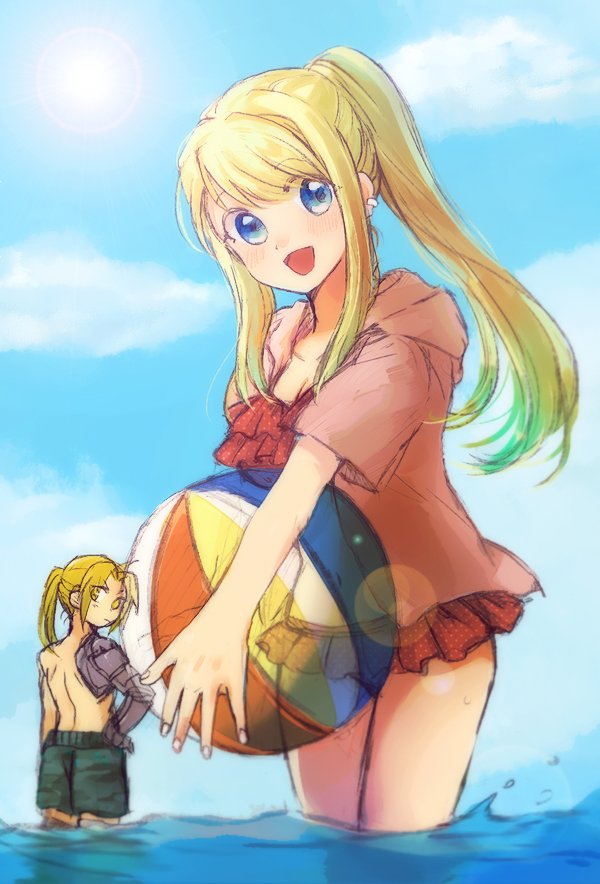 1boy 1girl :d antenna_hair automail ball bare_arms beach beachball blonde_hair blue_eyes boxers breasts clouds cloudy_sky commentary_request cowboy_shot day earrings edward_elric expressionless eyebrows_visible_through_hair fingernails floating_hair frilled_swimsuit frills fullmetal_alchemist hand_on_hip happy jacket jewelry long_hair looking_at_viewer looking_back ocean open_mouth outdoors pink_jacket pink_swimsuit polka_dot polka_dot_swimsuit ponytail sky smile sun sunlight swimsuit swimsuit_under_clothes thighs tsukuda0310 underwear upper_body water winry_rockbell yellow_eyes