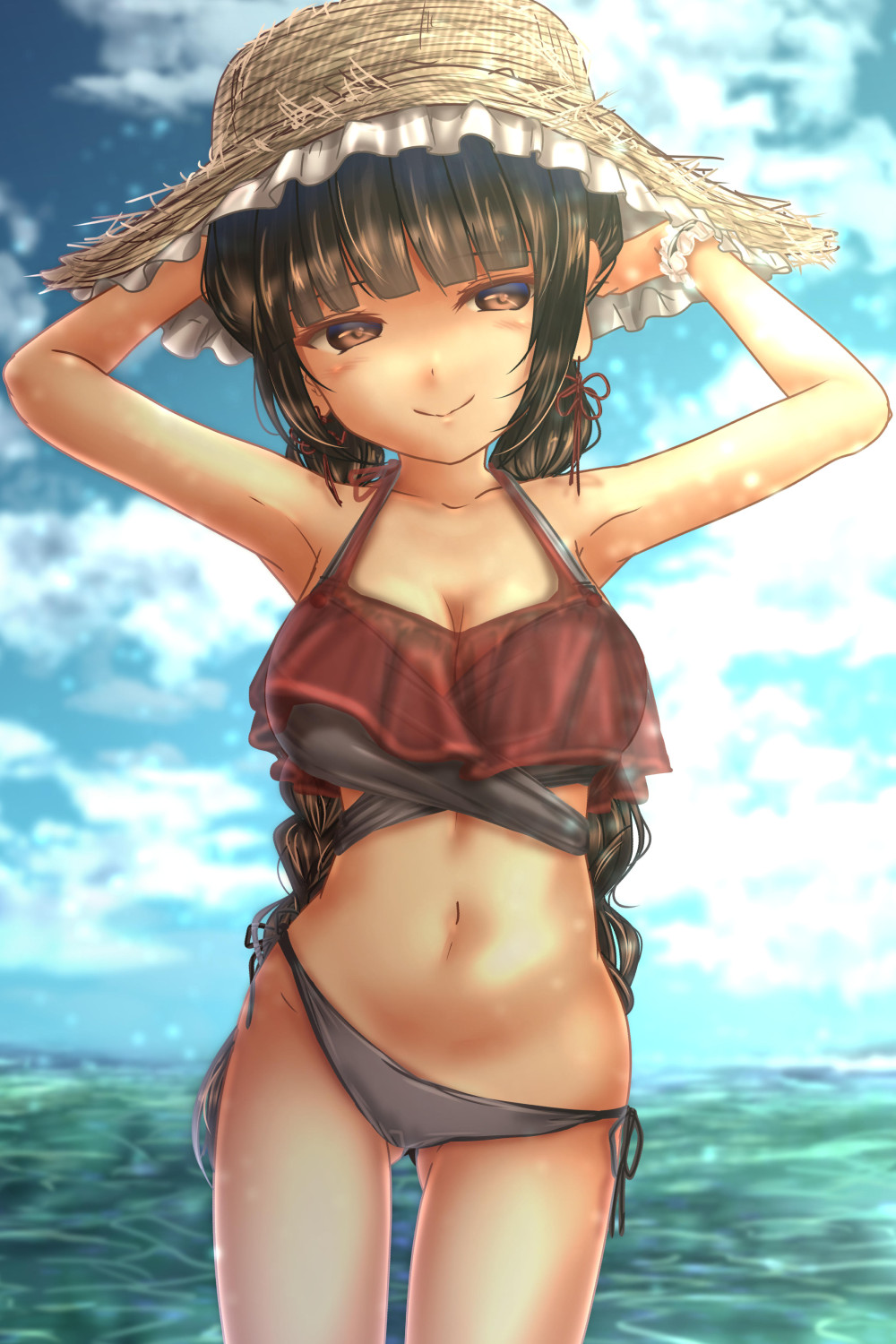 1girl armpits arms_up ass_visible_through_thighs bare_shoulders bikini black_hair braid breasts brown_eyes clouds commentary_request cowboy_shot earrings hat highres jewelry large_breasts long_hair looking_to_the_side navel ocean panties shounen_(hogehoge) side-tie_panties sky smile straw_hat swimsuit touhou underwear very_long_hair yatadera_narumi