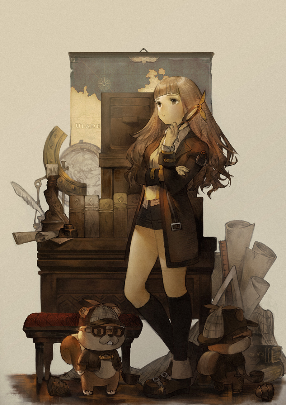 1girl ankle_boots baiguiyu bangs black_shorts blunt_bangs boots brown_eyes brown_footwear brown_hair brown_jacket cabinet closed_mouth commentary_request contrapposto crossed_arms feathers globe hand_up highres holding jacket long_hair long_sleeves looking_up mabinogi open_clothes open_jacket quill scroll short_shorts shorts socks solo squirrel stool