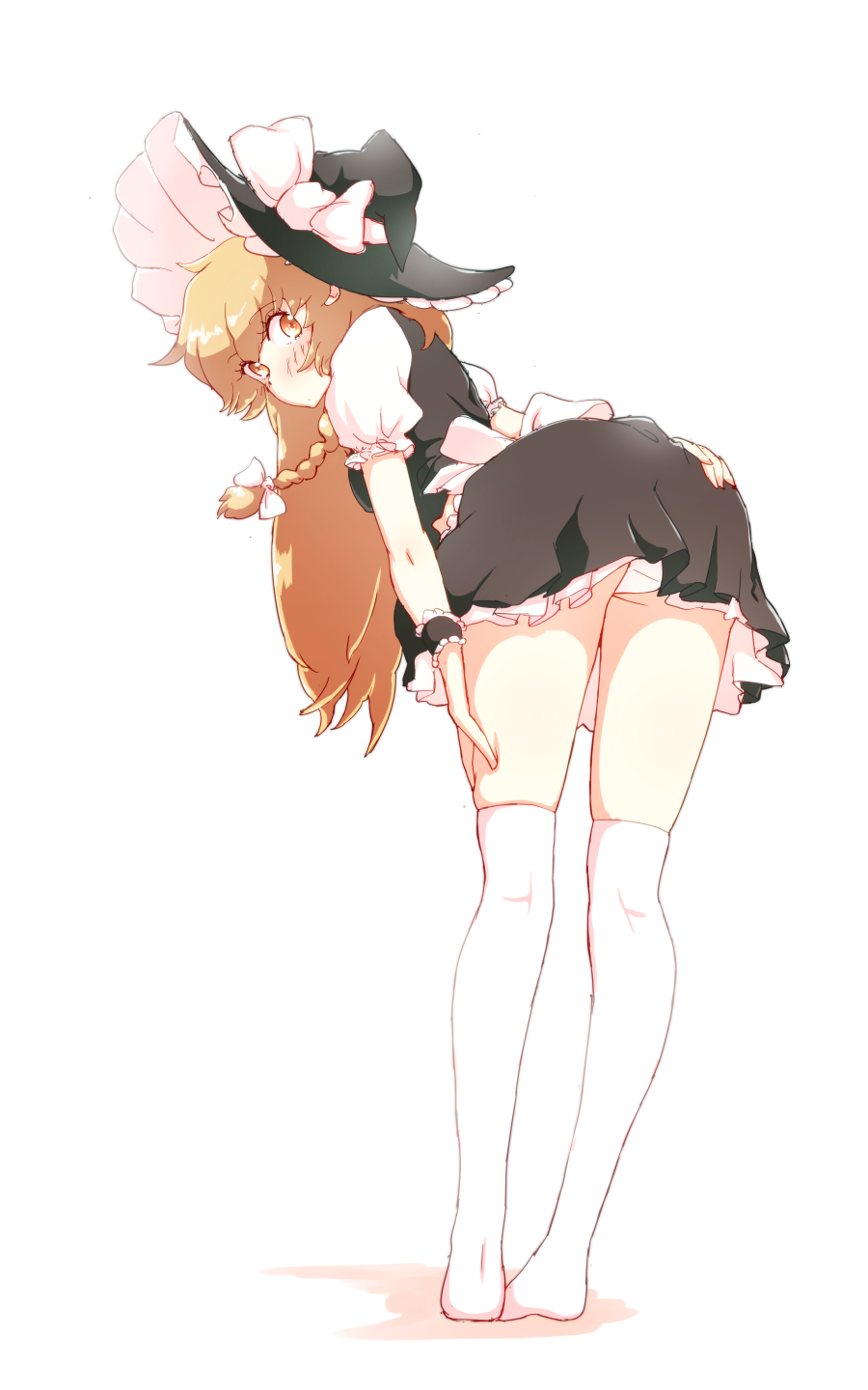 1girl bent_over blonde_hair blouse bow braid from_behind full_body hair_ribbon hand_on_ass hat hat_bow highres kirisame_marisa long_hair looking_at_viewer looking_back miniskirt non_(z-art) panties pantyshot pantyshot_(standing) ribbon short_sleeves side_braid simple_background skirt solo standing thigh-highs touhou tress_ribbon underwear vest white_background white_legwear white_panties witch_hat wrist_cuffs yellow_eyes