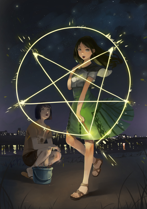 2girls :d bangs black_eyes black_hair bucket commentary_request fireworks flip-flops green_shirt hand_on_own_chest high-waist_skirt holding lake long_hair looking_at_another looking_at_viewer magic_circle multiple_girls night open_mouth original outdoors pentagram sandals shirt short_hair short_sleeves shorts skirt sky skyline smile somehira_katsu sparkler squatting standing standing_on_one_leg star_(sky) starry_sky summer t-shirt