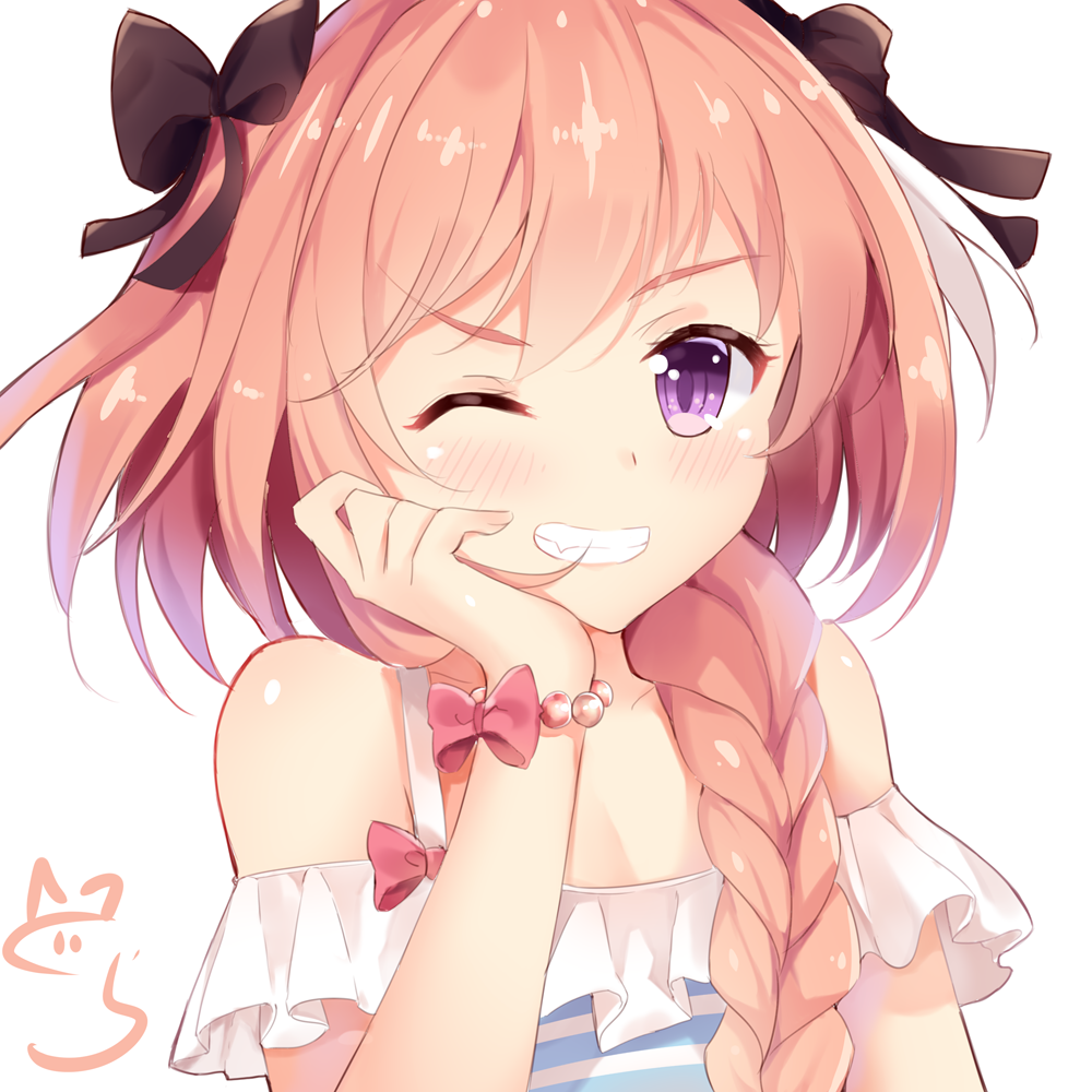 1boy astolfo_(fate) bangs bare_shoulders bead_bracelet beads black_bow black_ribbon blue_bikini_top blush bow bracelet braid collarbone eyebrows_visible_through_hair fang fate/grand_order fate_(series) fingernails grin hair_bow hair_over_shoulder hair_ribbon hand_on_own_cheek jewelry long_hair looking_at_viewer male_focus multicolored_hair nahaki one_eye_closed otoko_no_ko pink_bow pink_hair ribbon shiny shiny_hair sidelocks signature simple_background single_braid smile solo streaked_hair striped_bikini_top upper_body violet_eyes white_background white_hair wrist_bow