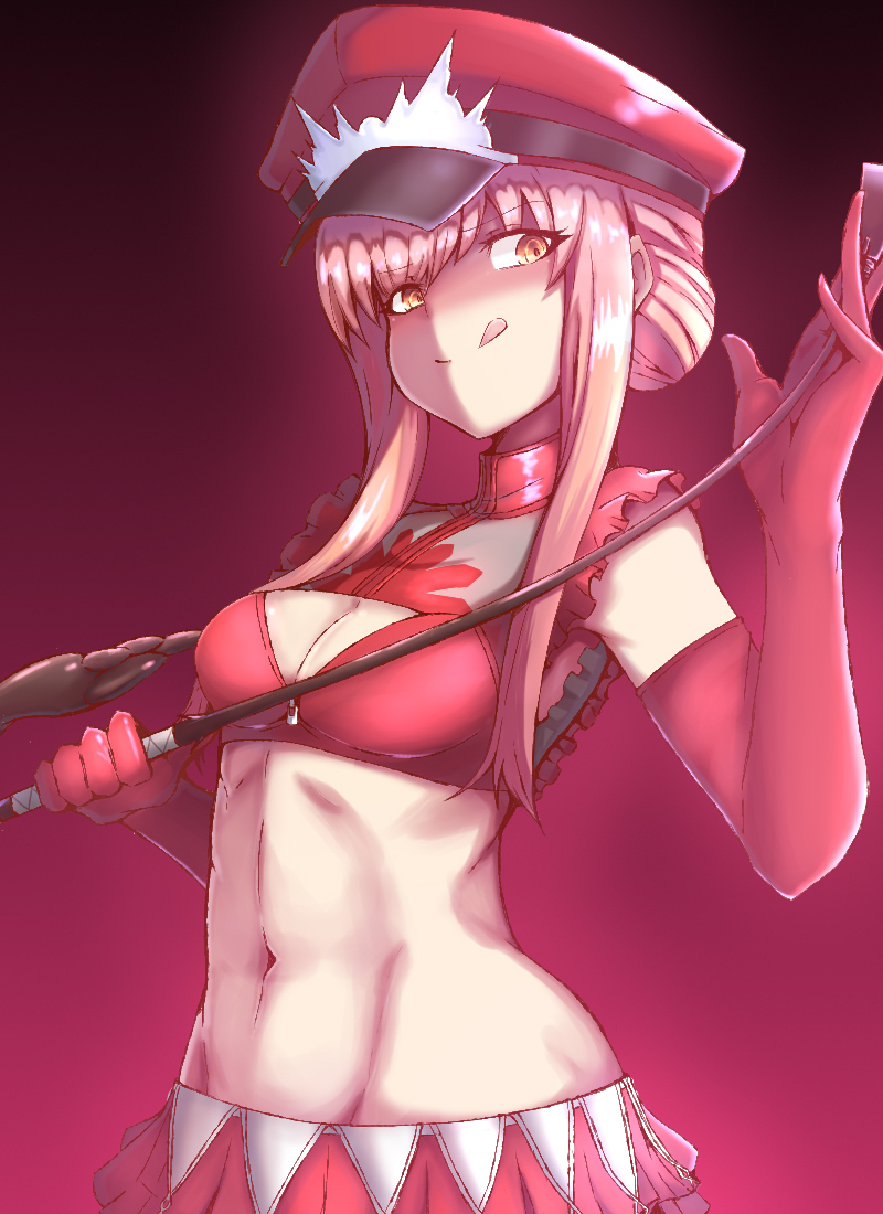1girl alluring_chief_warden_look boro_bukuro breasts cleavage closed_mouth elbow_gloves eyebrows_visible_through_hair fate/grand_order fate_(series) gloves gradient gradient_background groin hat holding long_hair medb_(fate/grand_order) navel peaked_cap pink_gloves pink_hair pink_skirt red_hat riding_crop short_hair_with_long_locks skirt small_breasts smile solo tongue tongue_out yellow_eyes