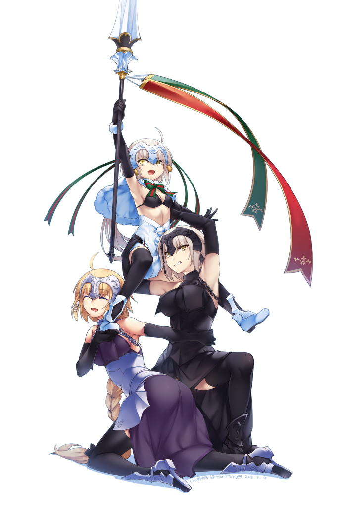 3girls :d ahoge arm_up armor armored_boots armored_dress armpits ass bangs bell bikini_top black_bikini_top black_gloves black_legwear blonde_hair boots braid breasts capelet cleavage closed_eyes commentary_request dress elbow_gloves eyebrows_visible_through_hair facing_viewer fate/grand_order fate_(series) full_body fur_trim gloves gundam gundam_narrative hair_ribbon headpiece holding holding_weapon impossible_clothes jeanne_d'arc_(alter)_(fate) jeanne_d'arc_(fate) jeanne_d'arc_(fate)_(all) jeanne_d'arc_alter_santa_lily kneeling large_breasts long_hair looking_at_viewer multiple_girls open_mouth parody polearm pom_pom_(clothes) pose ribbon simple_background single_braid small_breasts smile spear star sweatdrop thigh-highs tsuki_tokage very_long_hair weapon white_background white_hair yellow_eyes