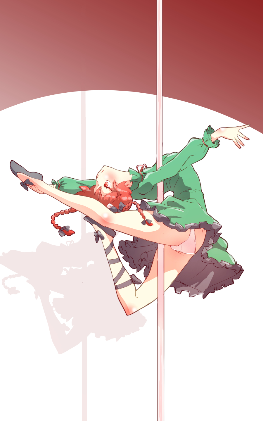 1girl animal_ears black_bow black_footwear blush bow cat_ears commentary_request dress flexible frilled_dress frilled_sleeves frills full_body green_dress hair_bow highres kaenbyou_rin long_sleeves navel non_(z-art) open_mouth panties pantyshot pole pole_dancing red_eyes red_ribbon redhead ribbon shadow solo touhou underwear white_panties
