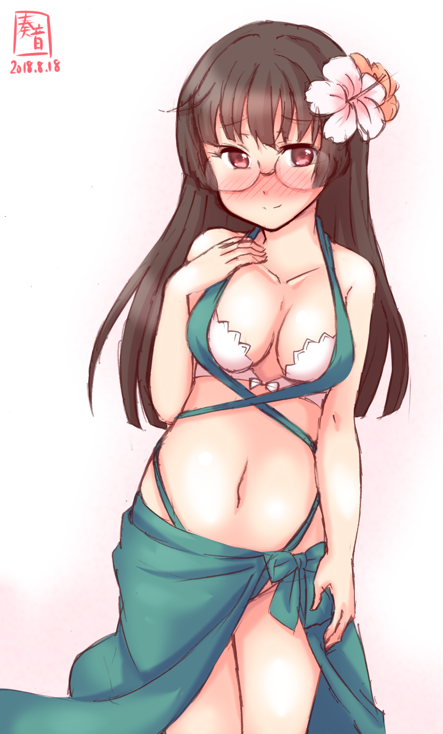 1girl blush breasts choukai_(kantai_collection) closed_mouth eyebrows_visible_through_hair flower gradient gradient_background hair_flower hair_ornament highres kanon_(kurogane_knights) kantai_collection long_hair looking_at_viewer medium_breasts red_eyes smile solo swimsuit