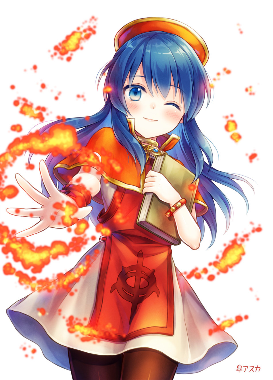 1girl blue_eyes blue_hair book bracelet cannan closed_mouth dress fire fire_emblem fire_emblem:_fuuin_no_tsurugi hat highres holding holding_book jewelry lilina long_hair one_eye_closed red_hat simple_background solo white_background
