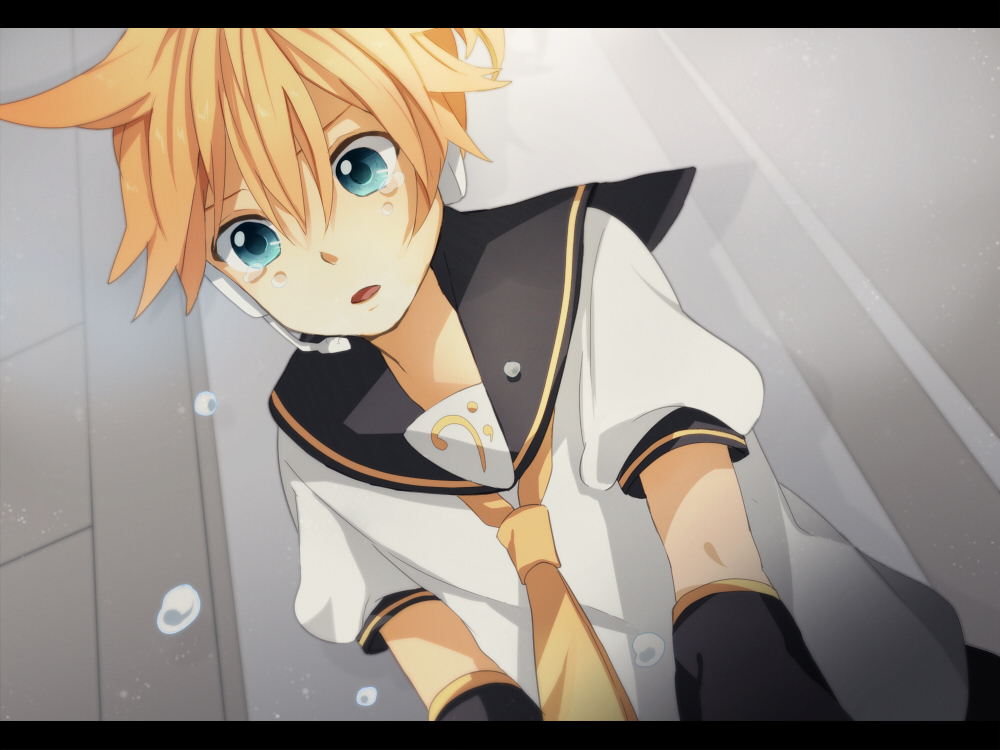 1boy bass_clef black_border blonde_hair blue_eyes border crying crying_with_eyes_open detached_sleeves expressionless from_below headset kagamine_len kneeling letterboxed looking_down male_focus necktie open_mouth puffy_sleeves sailor_collar shaded_face shirt short_hair tama_(songe) tears vocaloid wall white_shirt yellow_neckwear