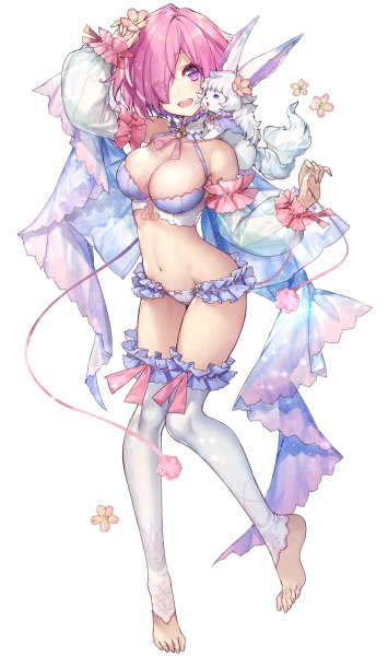 1girl ;d achan_(blue_semi) animal animal_on_shoulder arm_up barefoot blue_bra bow bow_panties bra breasts choker cleavage collarbone detached_sleeves eyes_visible_through_hair fate/grand_order fate_(series) flower fou_(fate/grand_order) frilled_panties frills full_body hair_flower hair_ornament hair_over_one_eye head_tilt large_breasts leg_up leg_warmers mash_kyrielight one_eye_closed open_mouth panties pink_flower pink_hair pink_ribbon ribbon short_hair simple_background smile solo standing standing_on_one_leg toeless_legwear underwear white_background white_panties