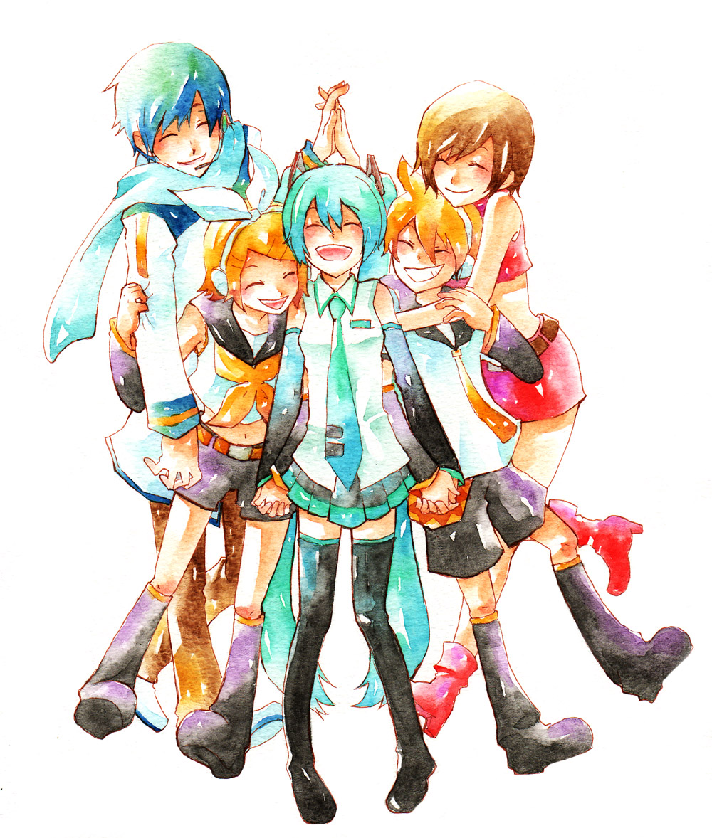 2boys 3girls :d ^_^ age_difference bare_arms bare_shoulders belt blonde_hair blue_hair blue_neckwear blue_scarf boots brown_hair brown_pants closed_eyes closed_eyes coat detached_sleeves eyebrows_visible_through_hair full_body hair_ribbon hands_clasped hands_together happy hatsune_miku headset height_difference hug hug_from_behind interlocked_fingers kagamine_len kagamine_rin kaito meiko miyuki_(aoisan) multiple_boys multiple_girls necktie open_mouth orange_neckwear own_hands_together pants red_footwear red_skirt red_tank_top ribbon scarf shirt short_hair shorts simple_background skirt sleeveless sleeveless_shirt smile tank_top teeth thigh-highs thigh_boots thighs traditional_media twintails vocaloid watercolor_(medium) white_background white_coat white_ribbon white_shirt